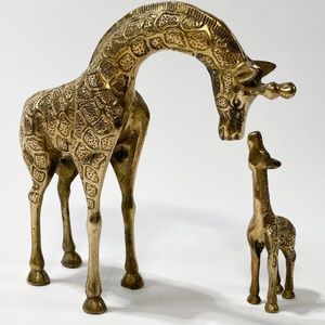 Vintage Brass Mother and Calf Giraffe, a Pair
